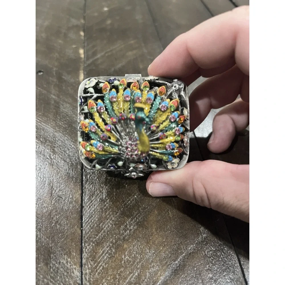 Vintage Peacock Enamel Rhinestone Floral Tree Footed Trinket‎ Box Heavy Hinged